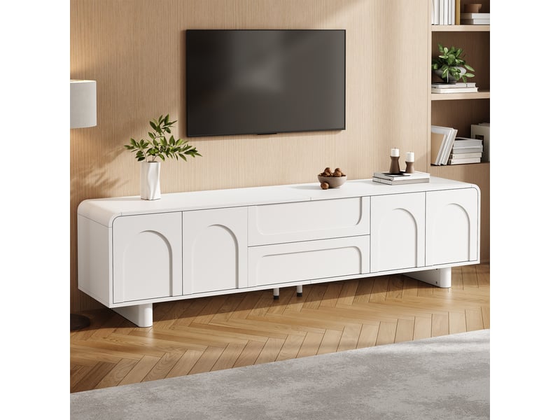  Meuble tv 180x40x46 cm - meuble bas aux lignes arrondies avec portes, tiroirs et espace de rangement, design moderne minimaliste  - Conforama D