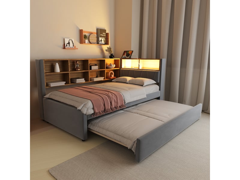  Canapé-lit 90x200 cm + gigogne 90x190 cm avec led et prises, flanelle gris foncé, sans matelas  - Conforama B