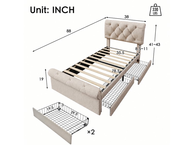 Lit une place 90 x 200 cm avec matelas, capitonné, 2 tiroirs, naturel - Conforama C