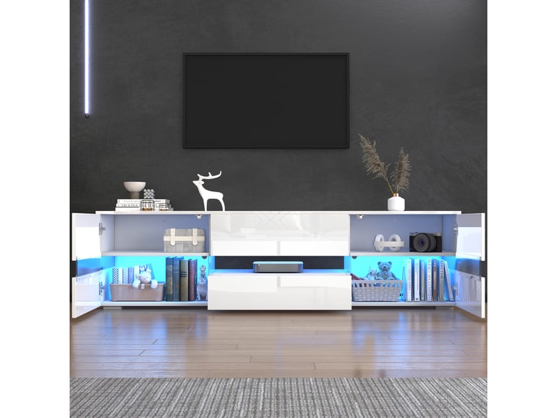  Meubles tv - meubles de salon avec éclairage led, 2 portes et 1 tiroir, panneaux acrylique, blanc, 160×39×45 cm  - Conforama C