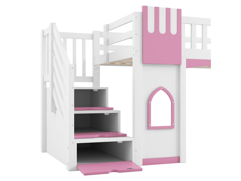  Lit mezzanine enfant 90x200 cm, escalier de rangement et fenêtres, lit simple, sommier, mdf, blanc et rose sans matelas  - Conforama E