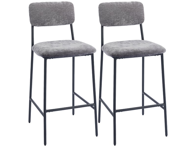  Ensemble 2 tabourets bar hauts rembourrés, comptoir cuisinebar, dossier, repose-pieds, tissu, acier gris.  - Conforama A