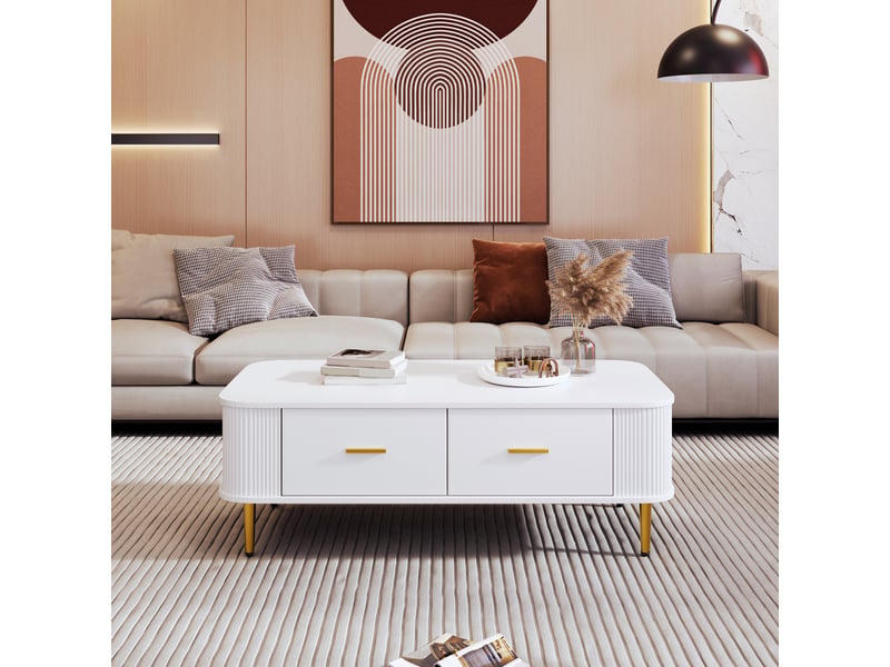  Table basse 105x51x38 cm avec 4 tiroirs sur deux côtés, angles arrondis et façades rainurées, mdf, blanc et doré ABC - Conforama B