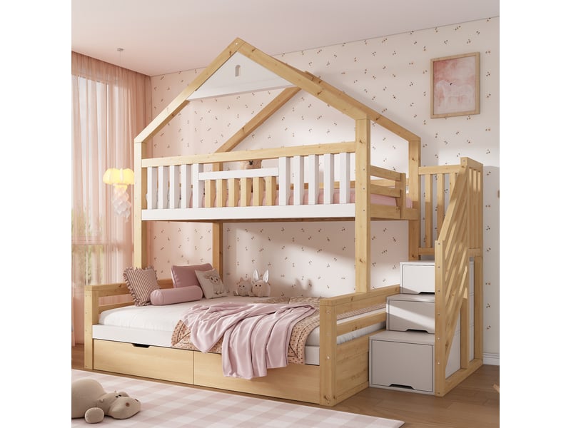 Lit superposé enfant 3 places 90×200 cm et 140×200 cm, 2 tiroirs - okmyhome- sans matelas, bois blanc et chêne - Conforama C