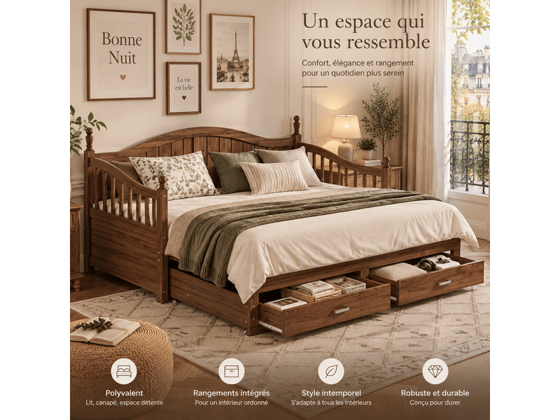  Lit banquette extensible 90x190 cm convertible en 180x190 cm en bois massif, avec tiroirs, sommier à lattes et dossier courbé - noyer  - Conforama D
