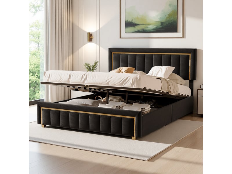  Lit coffre double 160x200 cm - lit rembourré adulte avec sommier à lattes et espace de rangement hydraulique - lit capitonné - cadre de lit 2 personnes - sommier à lattes et tete de lit rembourré - velours beige - sans matelas -…  - Conforama C