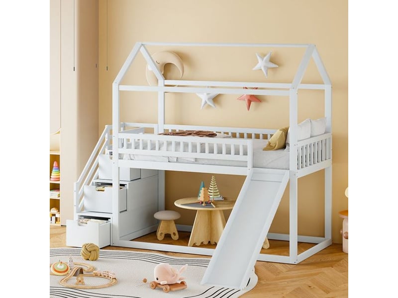  Lit enfant lit cabane 90x200 cm avec toboggan et échelle de rangement blanc  - Conforama C