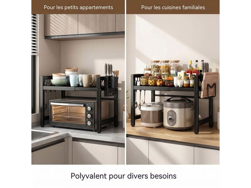  Support micro-ondes extensible en métal noir pliable avec étagères  - Conforama E