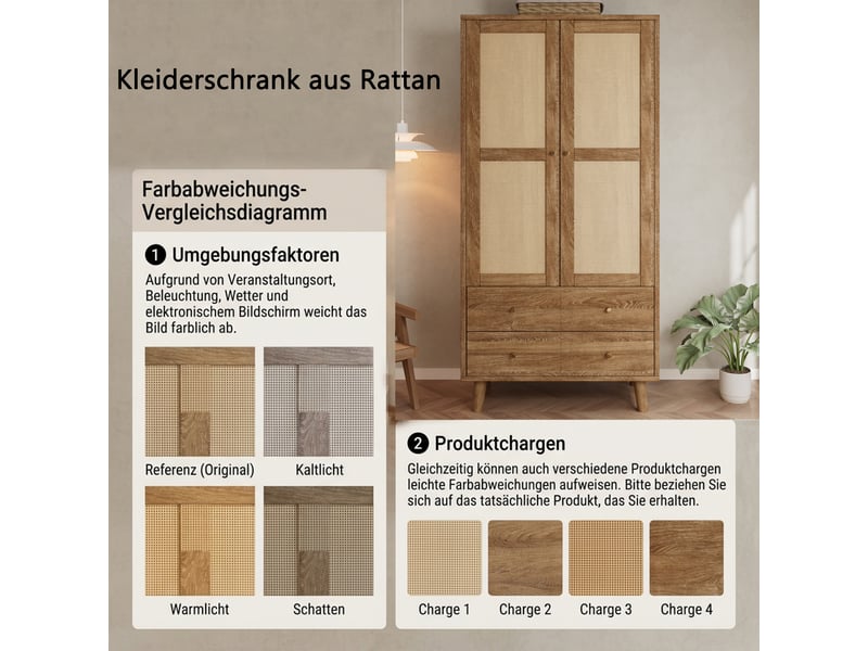  Armoire de rangement avec penderie, étagères et 2 tiroirs - lpospi - portes aspect rotin mdf noyer naturel 80 × 50 × 180 cm  - Conforama E