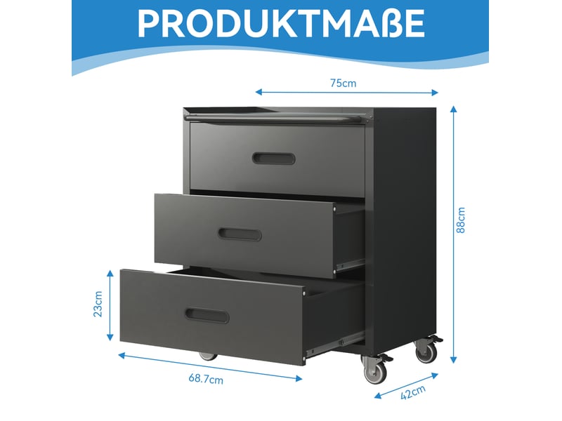 Meuble de rangement à outils 75x42x88 cm – noir – 3 tiroirs xxl, roulettes verrouillables amovibles - Conforama C