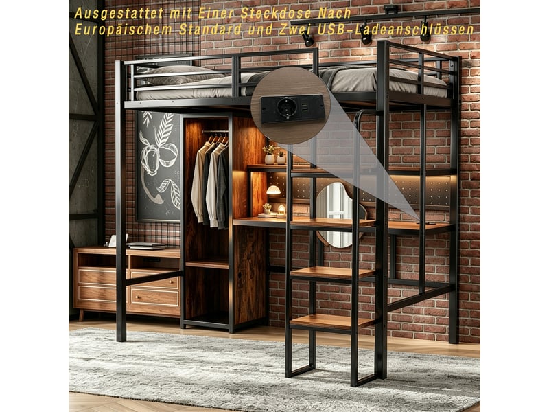  Lit mezzanine métal noir 90x200 cm, grand bureau, panneau perforé, armoire, étagère et led multicolore  - Conforama B