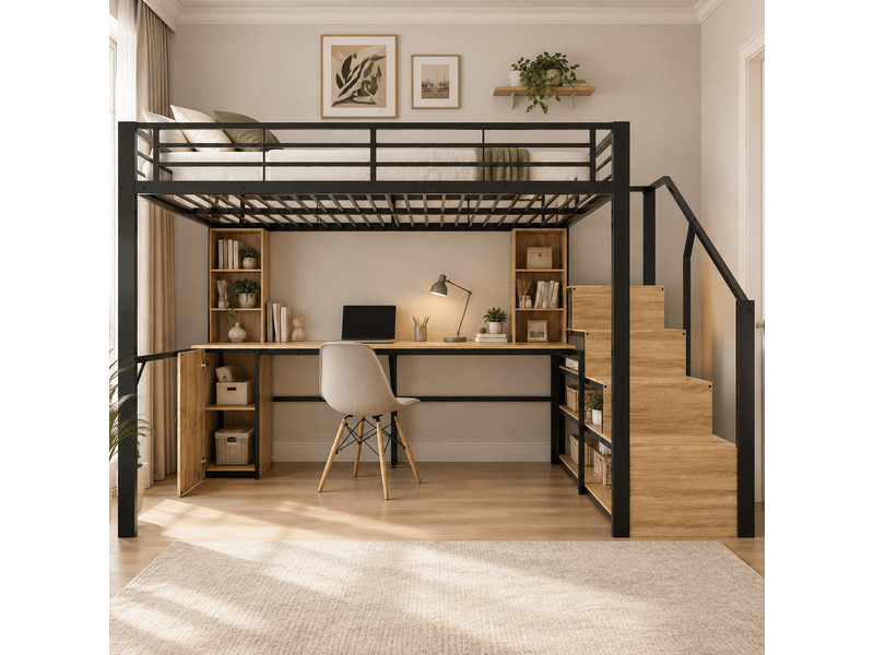  Lit mezzanine 140 × 200 cm noir, bureau usb, armoire et escalier avec rangement IKSETERA TRADING LTD - Conforama B