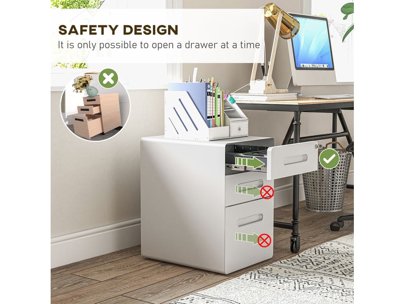  Rollcontainer bureau 39x48x59 cm – blanc – 3 tiroirs verrouillables sur roulettes en acier pour documents a4  - Conforama D
