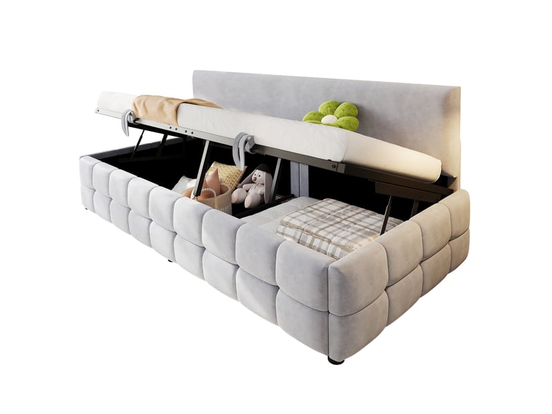  Lit enfant 90 x 200 cm rangement style moderne sans accoudoirs carreaux sommier lattes velours gris clair sans matelas  - Conforama A
