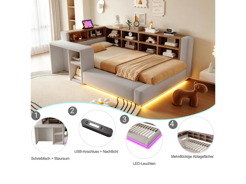 Lit enfant multifonctionnel 90x200 cm - lit simple avec rangement, étagères, led, prises et table d'appoint - gris - Conforama E