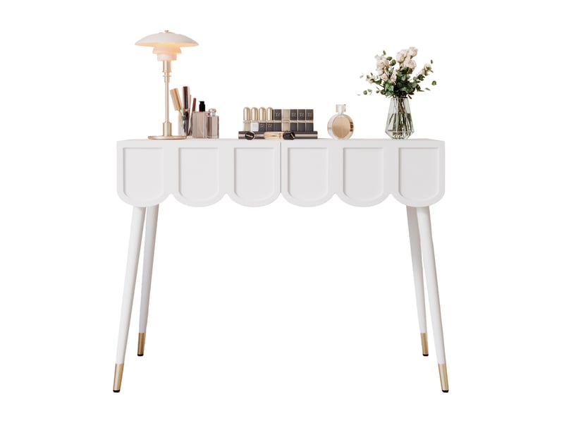 Coiffeuse élégante 100x40x76 cm avec 2 tiroirs, meuble de chambre, style moderne, gain de place, pieds métal, mdf blanc  - Conforama A