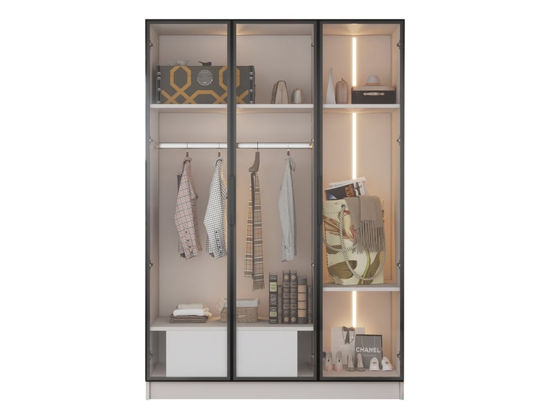  Armoire en panneaux de particules avec lumière led,3 portes vitrées,1 tiroir et 1 tringle à vêtements,blanc armoire blanc - Conforama A