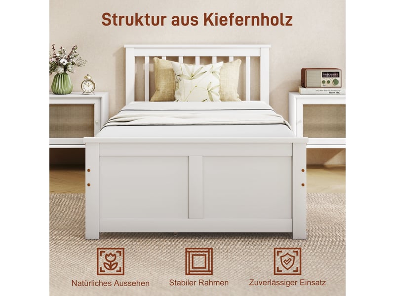  Cadre de lit simple 90x200 en bois blanc avec 2 tiroirs, lattes intégrées  - Conforama R