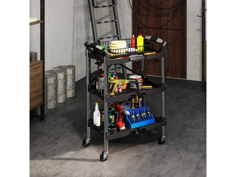  Servante d’atelier pliable noire à 3 niveaux avec poignée, chariot mobile pour garage, charge max. 68 kg  - Conforama B