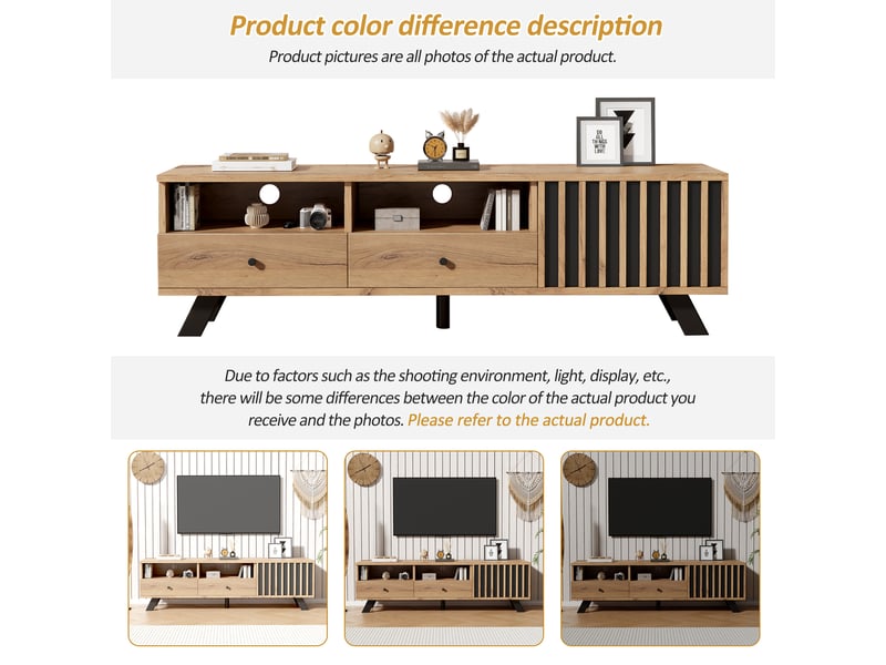 Meuble tv bas 150 cm avec 2 tiroirs et porte, effet bois, meuble de salon, aggloméré, bois et noir - Conforama E