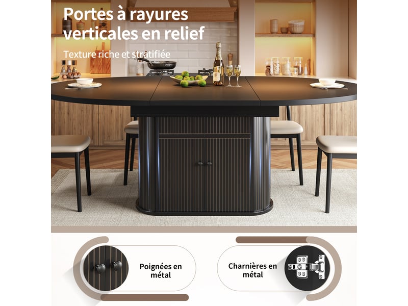 Table à manger extensible 118-158x118 cm pour 4 à 6 personnes, rangement intégré 2 portes, étagères réglables, pied central rainuré, mdf noir - Conforama E