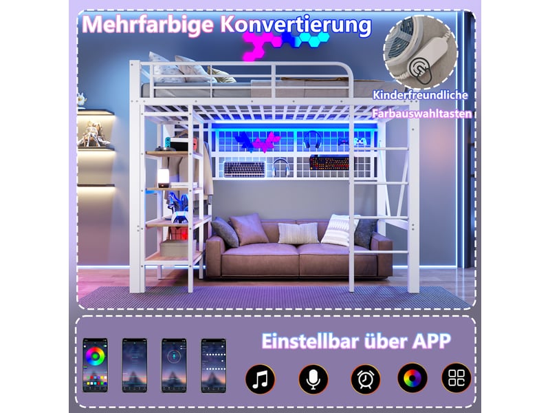  Lit mezzanine 90 x 200 cm, structure métal, led, bureau, étagères, panneau perforé, usb, sans matelas, blanc  - Conforama C