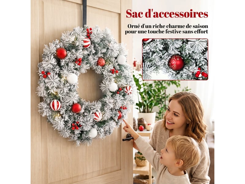 Couronne de noël lumineuse 60 cm enneigée floquée avec 50 led, 15 boules décoratives, 8 modes, 140 branches, vert - Conforama R
