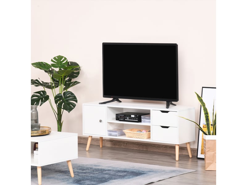 Meuble tv banc tv style scandinave placard 2 niches 2 tiroirs passe-fils panneaux particules blanc pin bois  - Conforama D