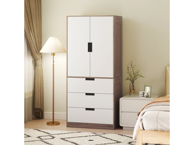  Armoire à deux portes, armoire moderne avec 3 tiroirs et tringle à vêtements pour la chambre, marron  - Conforama C