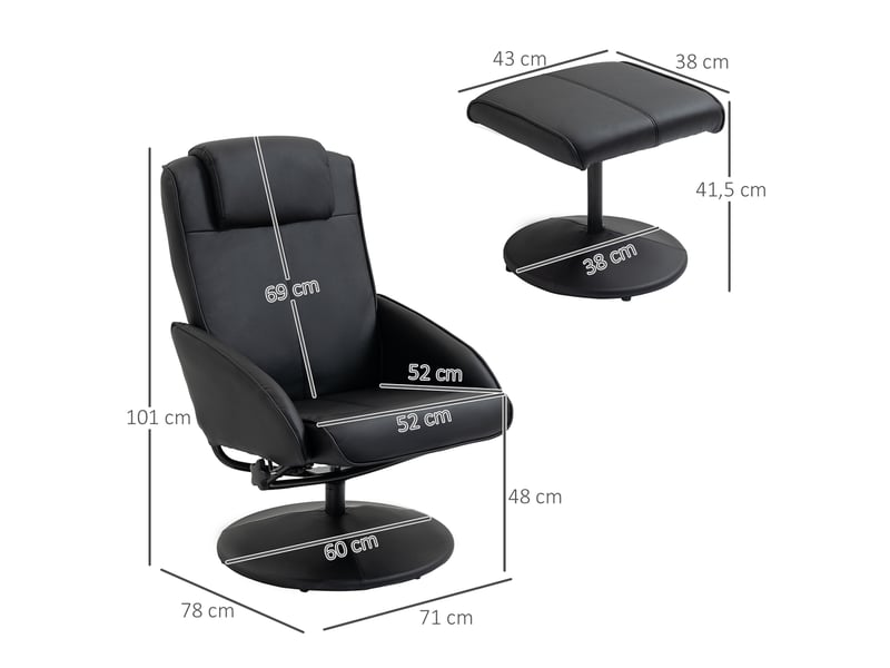 Fauteuil inclinable avec repose-pieds, revêtement en similicuir, inclinable, design ergonomique, noir  - Conforama E