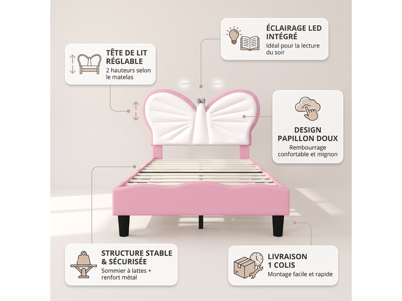  Lit simple 90x200 cm, lit enfant capitonné avec lampe de lecture, tête de lit papillon réglable et sommier, velours, rose et blanc  - Conforama C