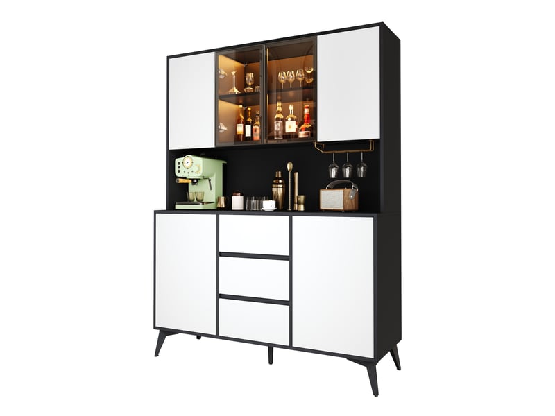  Vaisselier avec vitrine 120 x 40 x 160 cm – noir et blanc – led réglable via application, 3 tiroirs  - Conforama A