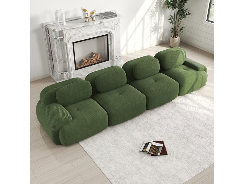  Canapé modulable 4 places en velours côtelé vert, sans cadre et sans montage, confortable pour salon ou bureau  - Conforama E