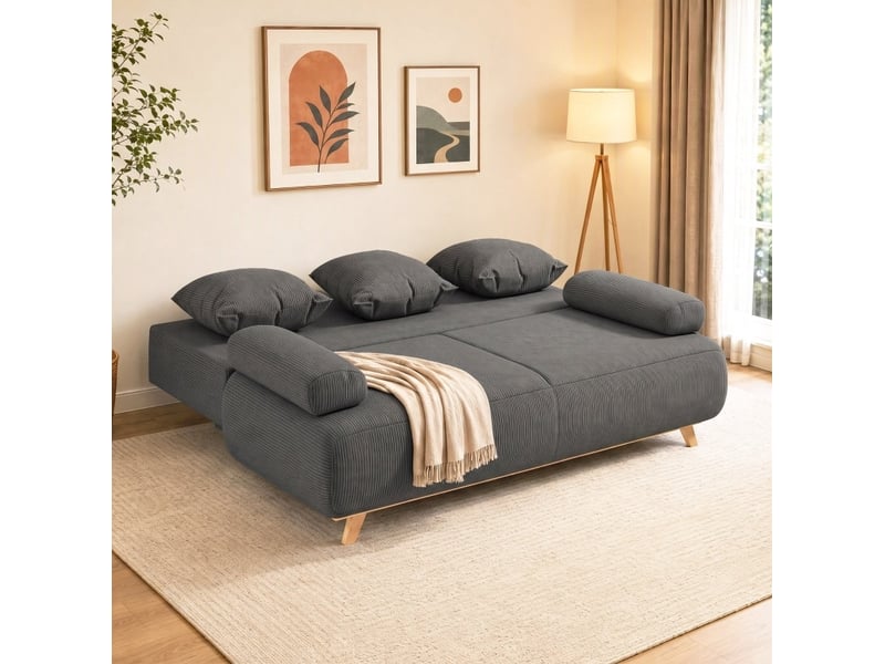  Canapé droit convertible 3 places en velours côtelé gris, dossier réglable, rangement et couchage 188x140 cm  - Conforama E