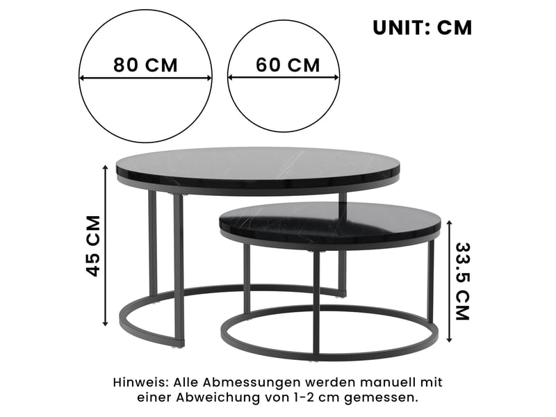  Tcqpz table basse 80x80 cm et 60x60 cm noir effet marbre, lot de 2, structure métal  - Conforama C