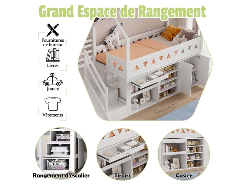  Lit enfant avec toboggan 90x200 bois massif blanc multifonction avec rangements  - Conforama D