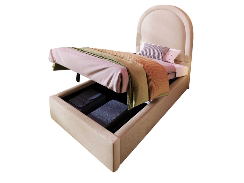  Lit enfant coffre rembourré 90x190 cm, rangement sous le lit hydraulique, revêtement pu beige avec motif cosmique, structure solide  - Conforama A