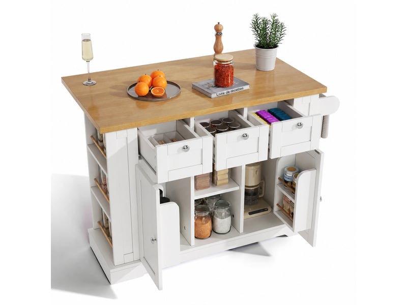 Îlot de cuisine mobile avec plan rabattable, rangements et prise usb, blanc et bois naturel - Conforama A