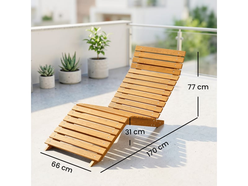  Chaise longue de jardin, transat, bois massif, marron, 66 x 170 x 77 cm  - Conforama D