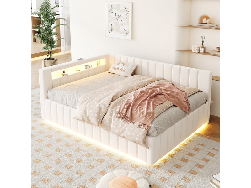  Lit coffre rembourré 2 places 140x200 cm avec rangement hydraulique, led, usb, tête de lit et dossier rembourrés sommier à lattes, velours beige clair  - Conforama C