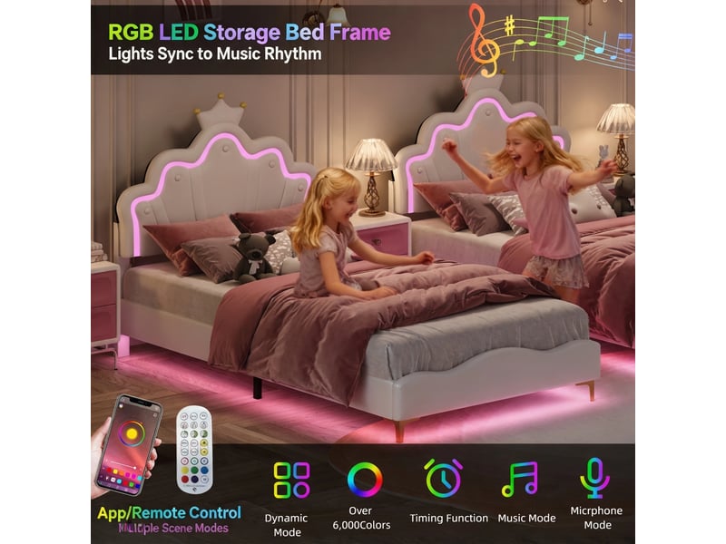  Lit enfant 90x190 cm, lit rembourré en similicuir pu blanc avec tête de lit couronne et nuage, éclairage double led rgb (tête et sous le lit), hauteur réglable  - Conforama D
