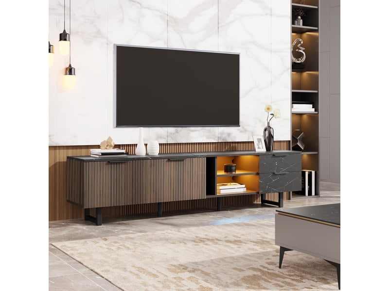  Meuble tv 200 cm noir effet marbre, portes bois veiné, led réglable, 2 portes, 2 tiroirs  - Conforama D