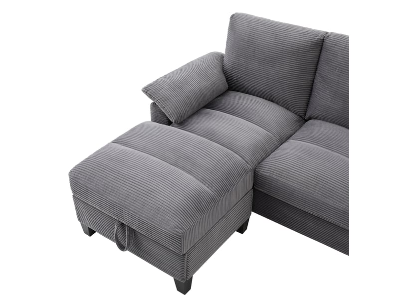  Canapé en u 4 places en velours côtelé gris avec rangement dissimulé et porte-gobelets en acier inoxydable  - Conforama W