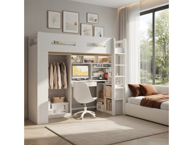  Lit mezzanine 90 x 200 cm, avec tiroirs et étagères, armoire, bureau, éclairage led et prise usb, blanc  - Conforama B