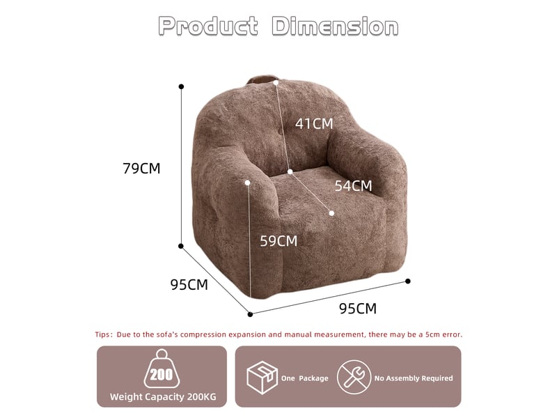  Fauteuil pouf 95x95x79 cm, garniture en éponge déchiquetée, revêtement fausse fourrure avec accoudoirs, pour salon, chambre ou lecture, kaki Sol Morn - Conforama C