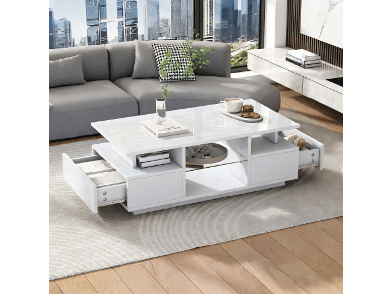  Table basse led blanche 100x50x36 cm - 2 tiroirs, fini brillant, rangement ouvert et cloison en verre - salon  - Conforama B