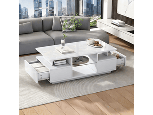 Table basse led blanche 100x50x36 cm - 2 tiroirs, fini brillant, rangement ouvert et cloison en verre - salon