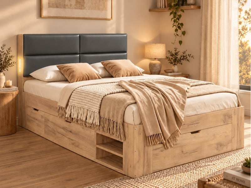  Lit enfant multifonction, 140 x 200 cm, avec port usb et grand espace de rangement, tête de lit rembourrée en pu, couleur naturelle  - Conforama B