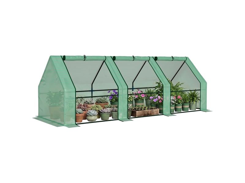 Serre tunnel de jardin en polyéthylène pour plantes et fleurs, avec bords surélevés et portes à charnières, 270 x 90 x 90 cm, vert foncé - Conforama A