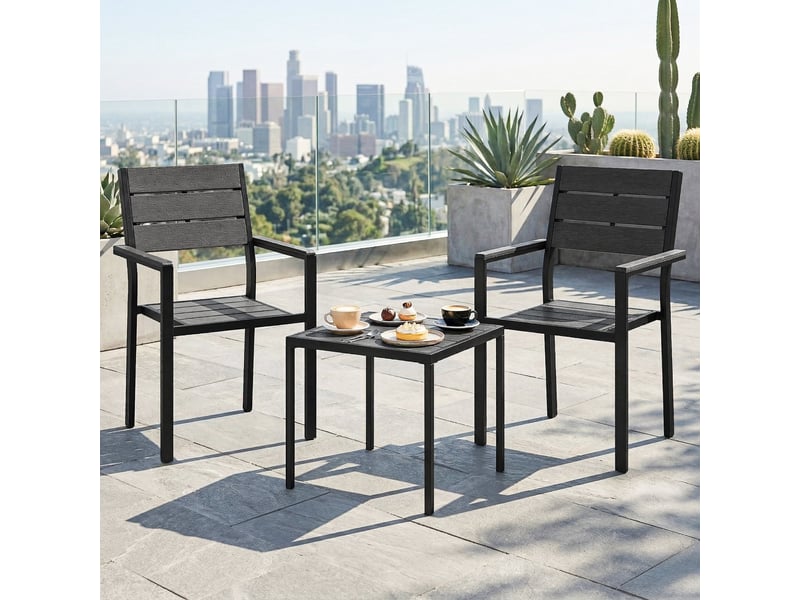  Ensemble de jardin 3 pièces avec 2 chaises et une table en pehd, design à lattes effet bois pour terrasse ou balcon, noir  - Conforama C